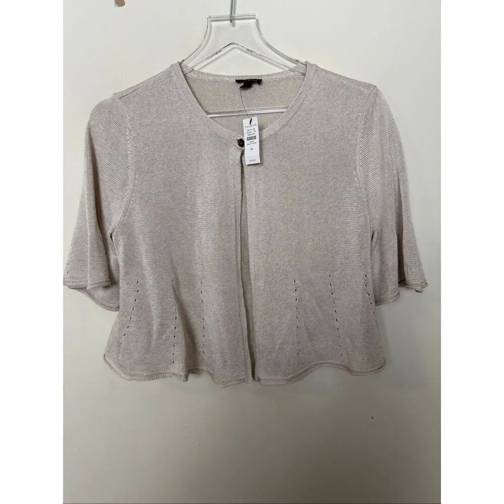 Talbots Champagne Beige Short Sleeve Open Front Dressy Cardigan NWT Size M Elega